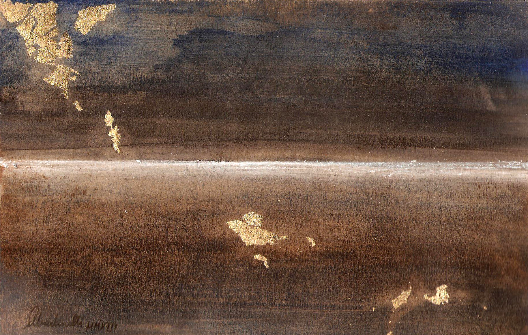 Atmosfera - Quiete notturna, tecnica mista con foglia oro su cartone, cm. 23 x 15, anno 2013